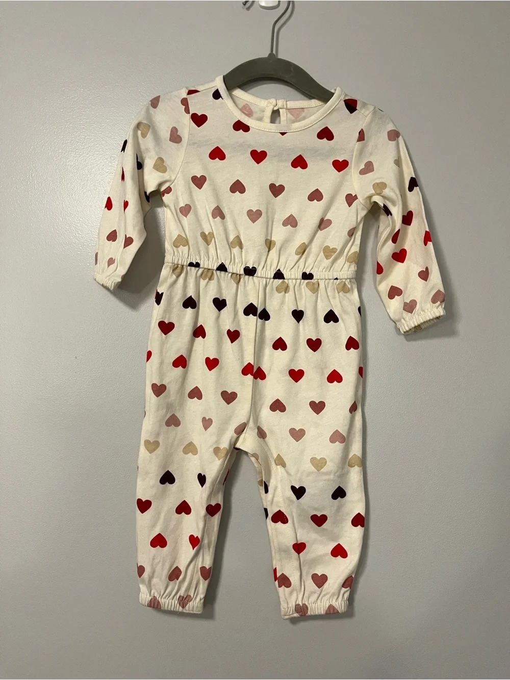 Old Navy Cream Romper with Red, Pink, Tan & Black Heart Print